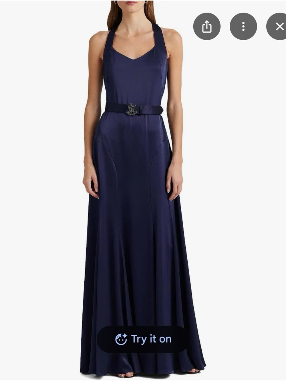 Ralph Lauren Navy Halter Satin Maxi Dress with Decorative Belt